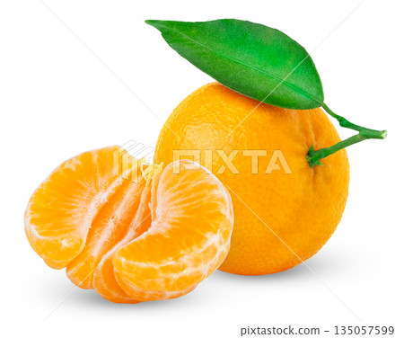 Fresh ripe tangerine or clementine fruit with green leaf and peeled mandarin half isolated. Mandarin with green leaf and cut in a slice of mandarin with clipping path. Fresh ripe tangerine or clementine fruit with green leaf and peeled mandarin half isolated. Mandarin with green leaf and cut in a slice of mandarin with clipping path. 135057599