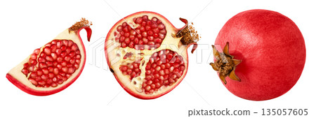 Fresh pink pomegranate fruit and cut in a half of pomegranate with red seeds isolated. Collection of pomegranates. Slice of pomegranate. Pomegranate chunk with clipping path. Fresh pink pomegranate fruit and cut in a half of pomegranate with red seeds isolated. Collection of pomegranates. Slice of pomegranate. Pomegranate chunk with clipping path. 135057605
