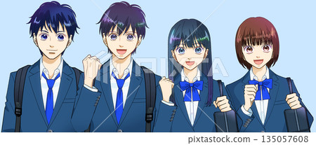 動漫風格的插圖,描繪了背著背包和書包的高中或初中男女學生。 動漫風格的插圖,描繪了背著背包和書包的高中或初中男女學生。 135057608