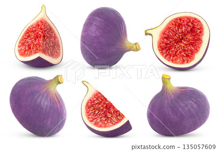 Collection of ripe purple fig fruits. Whole fig, half of fig and cut in a slice of fig fruit on white background. Collection of ripe purple fig fruits. Whole fig, half of fig and cut in a slice of fig fruit on white background. 135057609
