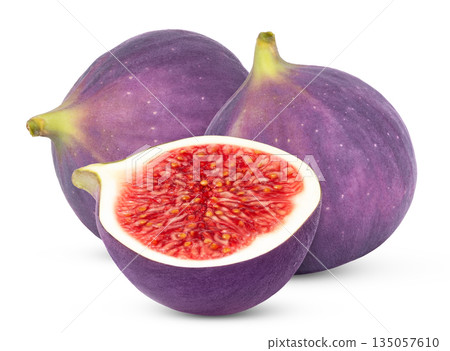 Purple fresh figs and half isolated. Fig fruit and sliced fig with clipping path. 135057610
