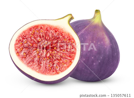 Isolated fig with half. Whole fig fruit and slice of fig with clipping path. 135057611