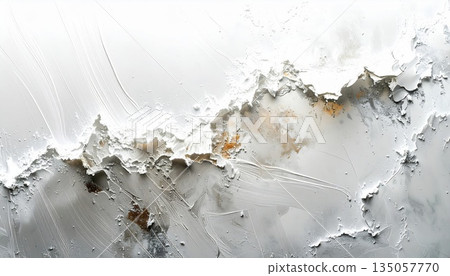 Abstract Weathered Wall Surface with Peeling White Paint and Gray Undertones 135057770