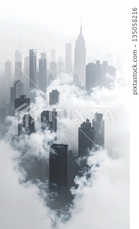 Cityscape Emerging from Foggy Mist in Grayscale with Architectural Details Cityscape Emerging from Foggy Mist in Grayscale with Architectural Details 135058216