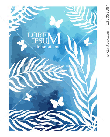 blue watercolor background with palm leaves and butterflies. hand drawn. Not AI, Vector illustration 135058384