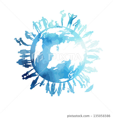 Abstract blue world and happy people. Silhouettes of people around the globe. hand drawn. Not AI, Vector illustration Abstract blue world and happy people. Silhouettes of people around the globe. hand drawn. Not AI, Vector illustration 135058386