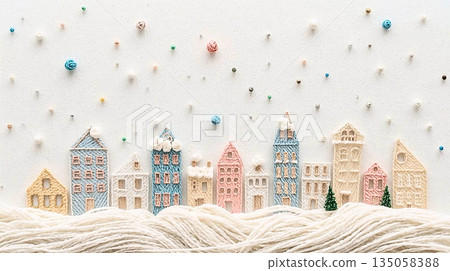 色彩繽紛的毛線小鎮素描和柔軟的雪 135058388