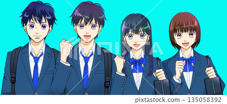 動漫風格的插圖，描繪了背著背包和書包的高中或初中男女學生。 135058392