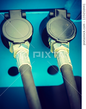 Close up of cable electrical plug, electric extension. Close up of cable electrical plug, electric extension. 135058441