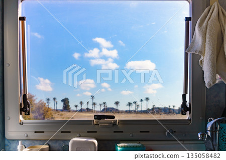 View from caravan inside on landscape in Spain View from caravan inside on landscape in Spain 135058482
