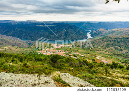 Douro river and Mazouco village in Portugal. 135058509