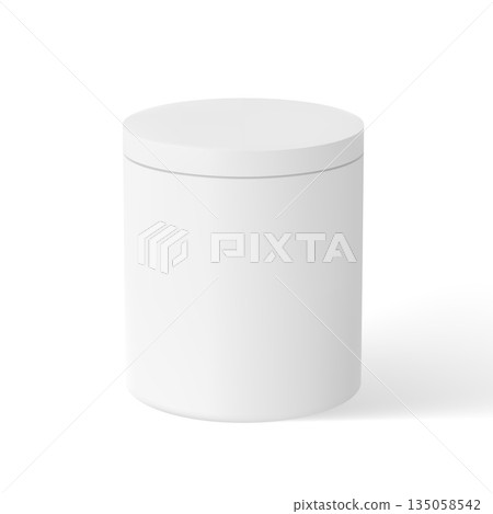 Gift cardboard cylindrical box closed lid, realistic 3D white tall round container present paper package vector mockup 135058542