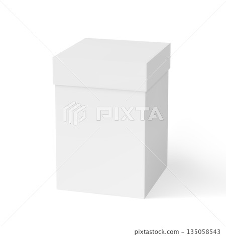 Gift cardboard box with closed lid, realistic 3D tall white square container for present, delivery package vector mockup Gift cardboard box with closed lid, realistic 3D tall white square container for present, delivery package vector mockup 135058543