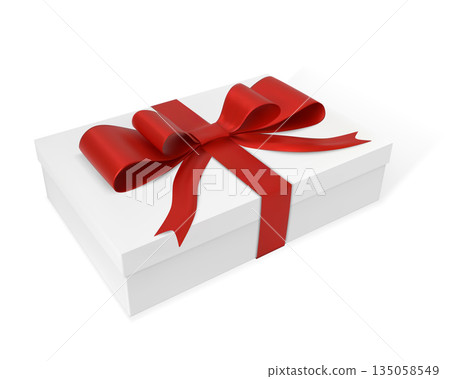 A rectangular white gift box with a closed lid and tied with a red ribbon and bow. 135058549