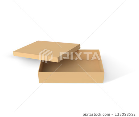 Gift cardboard box with open lid, vector 3D realistic low brown carton container, present parcel, product delivery case 135058552