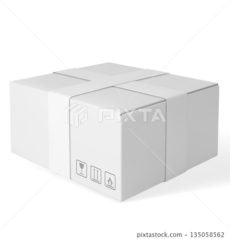 3D cardboard box icon, realistic white carton parcel closed with crossed tape and transportation symbols, vector mockup 135058562