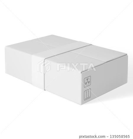 White cardboard packaging box with radiation hazard symbols and top position indication. 135058565