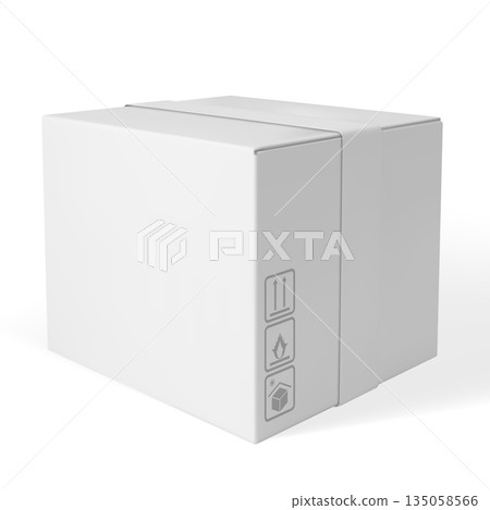 White cardboard box mockup with shipping symbols, sealed with tape. 135058566