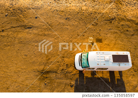 Caravan van on beach. Aerial view Caravan van on beach. Aerial view 135058597