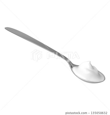Spoon with yogurt, kitchenware, cutlery with sour cream or milk dairy product, realistic vector 3D teaspoon with meal 135058632
