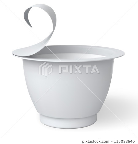 Yogurt cup, sour cream dairy products package, realistic vector 3D mockup of white round plastic container with open lid 135058640