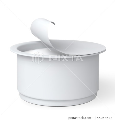 Open yogurt cup, dairy product package, realistic vector 3D mockup of white round plastic container with exposed lid 135058642