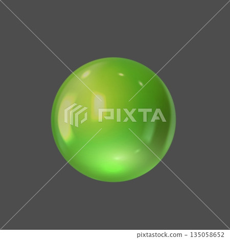 Green 3D sphere with reflective highlights, geometric shape, isolated gray background. 135058652