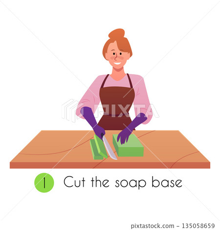 Woman making handmade natural soap, cut the soap base vector flat illustration, cosmetic spa product workshop step Woman making handmade natural soap, cut the soap base vector flat illustration, cosmetic spa product workshop step 135058659