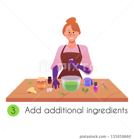 Woman making handmade natural soap, add additions natural organic ingredients, vector flat illustration workshop process Woman making handmade natural soap, add additions natural organic ingredients, vector flat illustration workshop process 135058660