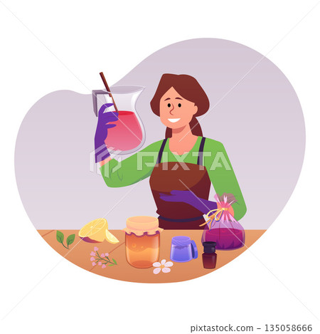 Woman making handmade natural soap, blending natural organic ingredients in jar vector flat illustration, workshop Woman making handmade natural soap, blending natural organic ingredients in jar vector flat illustration, workshop 135058666