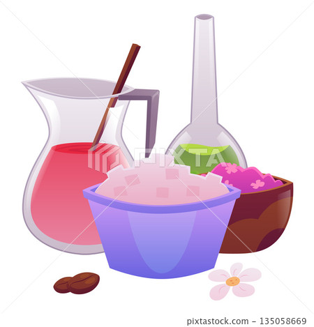 Bowls with soap ingredients, perfume liquid, flowers and coffee beans, vector flat handmade natural soap workshop Bowls with soap ingredients, perfume liquid, flowers and coffee beans, vector flat handmade natural soap workshop 135058669