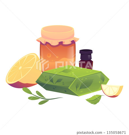 Handmade natural soap green brick with honey, leaves and lemon, vector spa aromatherapy cosmetic, organic spa products Handmade natural soap green brick with honey, leaves and lemon, vector spa aromatherapy cosmetic, organic spa products 135058671