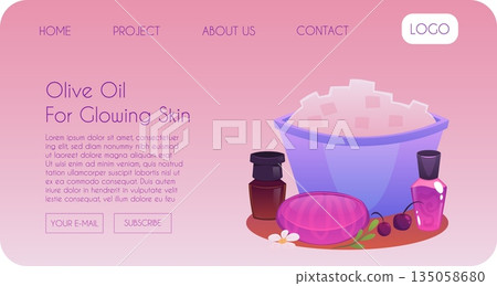 Olive oil for glowing skin vector flat landing page, bowl with soap ingredient, perfume glass bottle flowers and berries Olive oil for glowing skin vector flat landing page, bowl with soap ingredient, perfume glass bottle flowers and berries 135058680