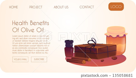 Health benefits of olive oil vector landing page, handmade natural brown soap brick with coffee beans, cinnamon sticks 135058681