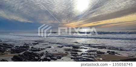 Concrete steps by the ocean. The concept of mindfulness, outdoor exercise, healthy living, meditation and balance, stress relief, and self-care. 135058745