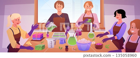 Women making handmade natural soap, vector cosmetic spa product creation, bathing aromatherapy cosmetic craft workshop Women making handmade natural soap, vector cosmetic spa product creation, bathing aromatherapy cosmetic craft workshop 135058960