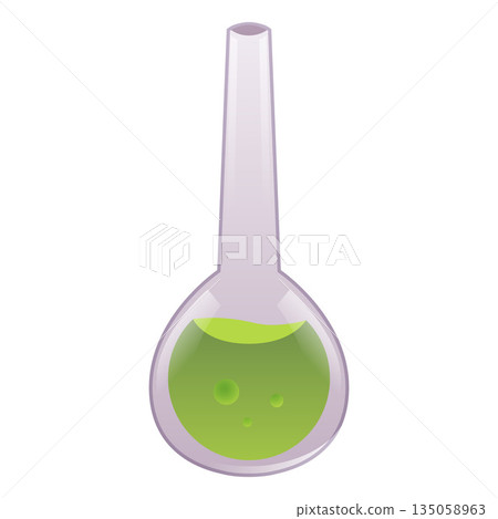 A round glass laboratory flask with a green liquid and bubbles. 135058963