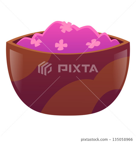 A brown round bowl with pink salt, powder, or soap, with flowers. 135058966