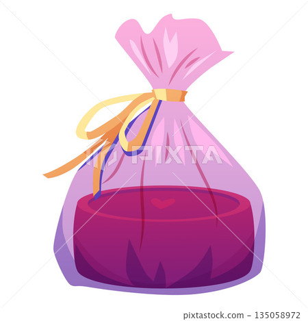 Soap solution bag tied with golden ribbon bow vector flat illustration, perfumery mixture making handmade natural soap Soap solution bag tied with golden ribbon bow vector flat illustration, perfumery mixture making handmade natural soap 135058972