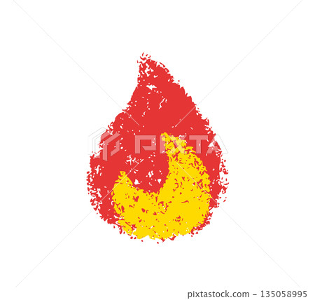 Doodle fire in crayon style. Hand drawn flame with grunge sketch texture. Graphic element for fun design, collage, sticker. Crayon doodle fire. Vector pencil illustration isolated on white background Doodle fire in crayon style. Hand drawn flame with grunge sketch texture. Graphic element for fun design, collage, sticker. Crayon doodle fire. Vector pencil illustration isolated on white background 135058995