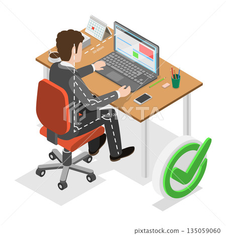 3D Isometric Flat  Illustration of How To Sit At Desk. Item 1 135059060
