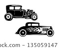 Set of classic hot rod coupe cars with exaggerated wheels, bold outlines, exposed engines and streamlined vintage profiles 135059147