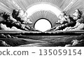 Dramatic sunrise breaking through clouds over rolling hills in vintage woodcut engraving illustration 135059154