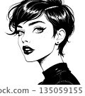 Black and white fashion illustration of a young woman with short, wavy hair, drawn with expressive ink lines and fine detail 135059155