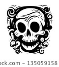 Playful skull face with large round eyes and toothy grin, swirling ornamental accents surrounds the head, black and white graphic 135059158