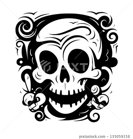 Playful skull face with large round eyes and toothy grin, swirling ornamental accents surrounds the head, black and white graphic Playful skull face with large round eyes and toothy grin, swirling ornamental accents surrounds the head, black and white graphic 135059158