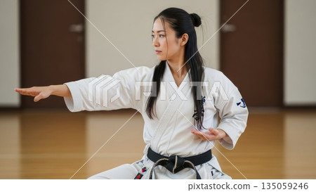 一位神情嚴肅的日本女性在道場中擺出手刀受的姿勢。 135059246