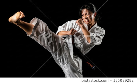 A Japanese female karateka delivering a powerful roundhouse kick with a sharp expression against a black background 135059292