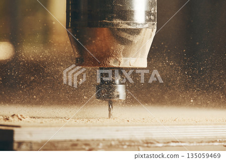 CNC milling machine. Machine tool in wood factory with drilling machines. CNC milling machine. Machine tool in wood factory with drilling machines. 135059469