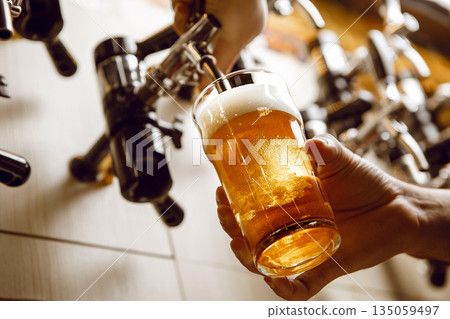 Close up View of Pouring Beer From Tap Into Glass at Bar  135059497